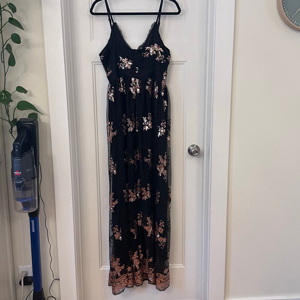 She + Sky Large NWT Black Rose Gold Sequin Maxi Dress Spaghetti Straps Elegant - Picture 14 of 15